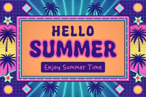 夏の雰囲気のテンプレート、レトロなヤシの木のネオンデザイン