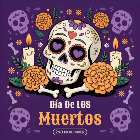 Colorful Dia De Los Muertos Skull Design Template for Posters and Merchandise