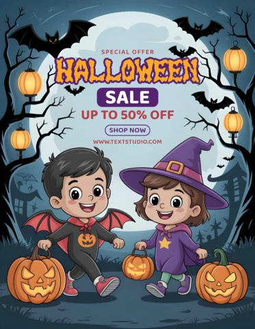 Bannière de réduction d'Halloween modèle d'offre spéciale avec des personnages festifs et un design d'arbres tordus pour des flyers festifs.
