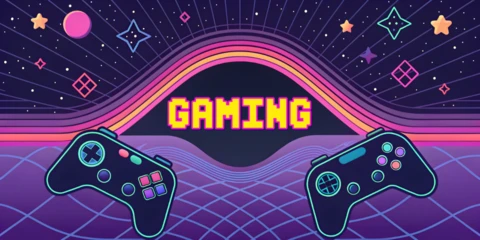Retro Gaming Design Template with Controllers and Cosmic Background