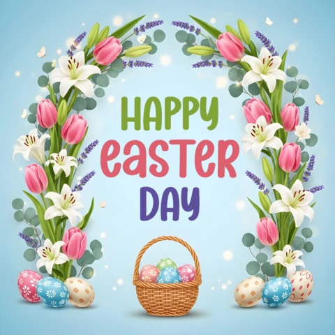 Cartel de saludo de feliz día de Pascua — cesta de huevos, flores, mariposas y borde decorativo festivo alegre.