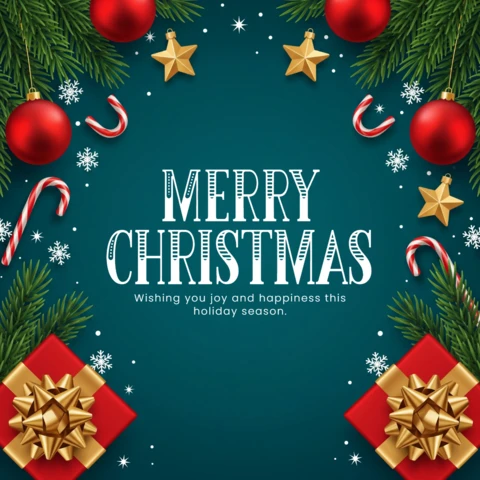 Pine Garland with Red Baubles, Gold Stars, and Snowflakes Surrounding Merry Christmas Greeting and Warm Wishes Design Template