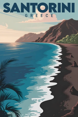 Vue de falaise côtière avec plage sombre et ciel de coucher de soleil, modèle de design d'affiches de voyage à Santorin.