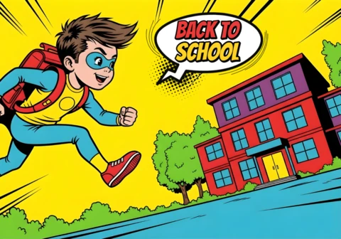 Super-herói estudante voltando às aulas correndo em direção à escola com capa vermelha e cartaz de porta amarela, modelo de design.