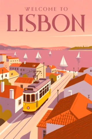 Vintage Lisbon Tram Design Template for Retro Flat Travel Posters and Postcards