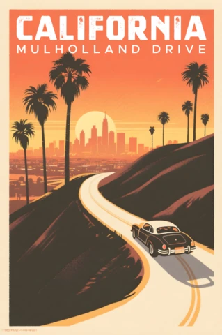 Kalifornia Mulholland Drive vintage plakat podróżniczy z retro samochodem i palmami