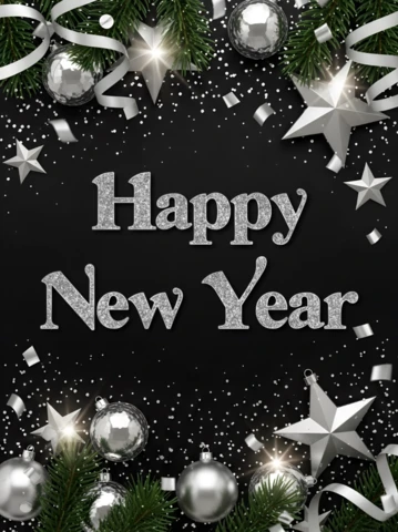 New Year Celebration Greeting Card Template with Glittering Stars and Ornaments Design