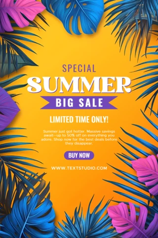 Vibrant Summer Sale Design Template with Tropical Leaves