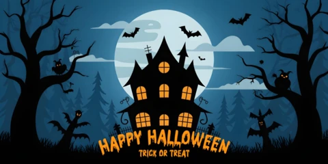 Cadılar Bayramı perili evi dolunay, yarasalar ve jack-o'-lantern ağaçları youtube kapak tasarım şablonu
