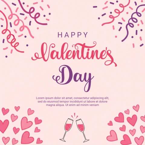 Valentine’s Day Card with Clinking Champagne Glasses, Pink Confetti, and Heart Accents On Soft Background