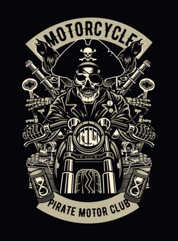 Modello di design per maglietta del club motociclistico pirata con teschio