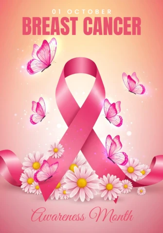 Awareness Saves Lives Breast Cancer Month with Floral Ribbon & Warm Gradient Poster Design Template