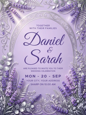 Luxury Lavender Wedding Invitation Card Template with Silver Floral Arch Frame and Elegant Botanical Design