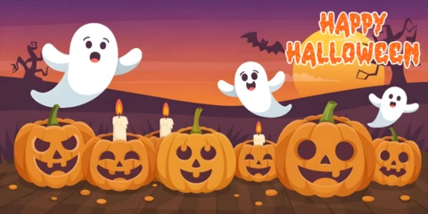 Mutlu cadılar bayramı jack-o'-lantern'lar, perili ağaçlar ve turuncu-mor gökyüzü facebook kapak tasarımı şablonu