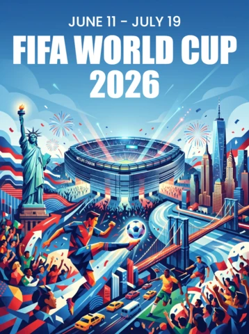 FIFA World Cup Football 2026 Seattle Lumen Field Poster Featuring Space Needle Mount Rainier Soccer Players Ferry and Cheering Fans