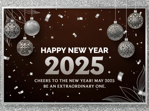 Elegant New Year 2025 Greeting Card Template with Festive Ornaments Design