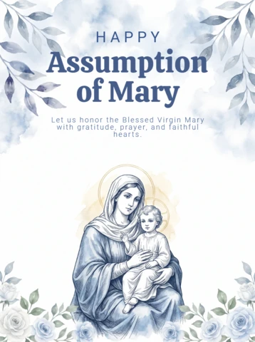 Assumption of Mary Religious Poster Blessed Virgin Holding Infant Jesus Golden Halo Blue Watercolor Floral Roses