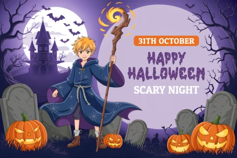 Modello di design a tema Halloween con personaggio mago per inviti a feste