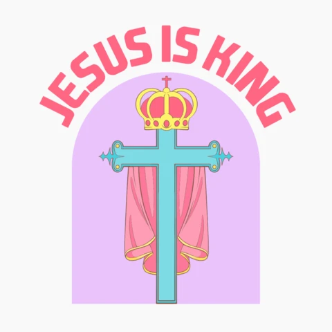 Jesus é rei coroado com cruz e pano real, design de merchandising cristão.