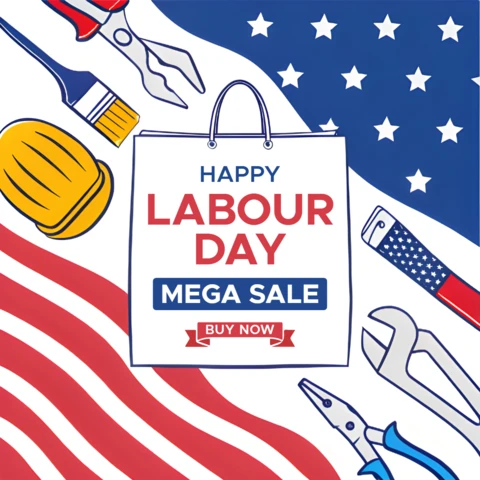 Patriotic Labour Day Sale Template Design with Tools and American Flag Elements