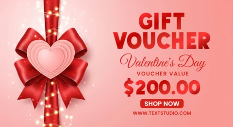 Plantilla de vale de regalo romántico para el día de San Valentín con cinta roja y corazones decorativos.