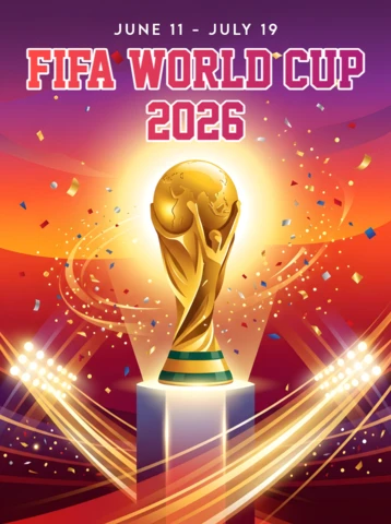 Plakat mistrzostw Pucharu Świata FIFA 2026 z złotym trofeum, dynamicznymi efektami świetlnymi i atmosferą zwycięstwa