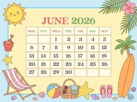 Colorful June 2026 Calendar Featuring Beach Chair, Picnic Basket, Seashells, and Flip-Flops