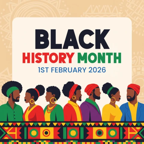 Affiche du mois de l'histoire des Noirs 2026 avec des individus divers en vêtements inspirés de l'Afrique, avec une typographie audacieuse et des bordures géométriques pour sensibiliser au patrimoine.