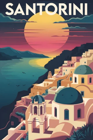 Sunset View of Cliffside Blue Domes and Aegean Sea Santorini Travel Posters Design Template