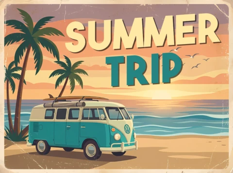 Wintage kartka z pozdrowieniami z letniej podróży drogowej z retro kamperem i zachodem słońca na plaży