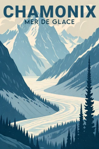 Diseño de paisaje montañoso de Chamonix para carteles de viaje retro.