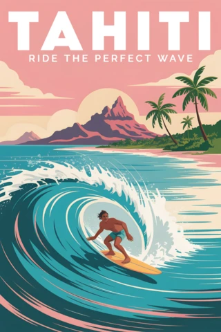 Surfing Tahiti Wave Illustration for Retro Flat Travel Posters and Postcards Design