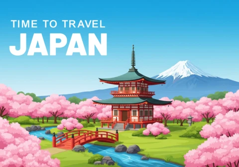 Explore Japan Poster Iconic Pagoda and Sakura in Bloom with Majestic Fuji and Serene Stream
