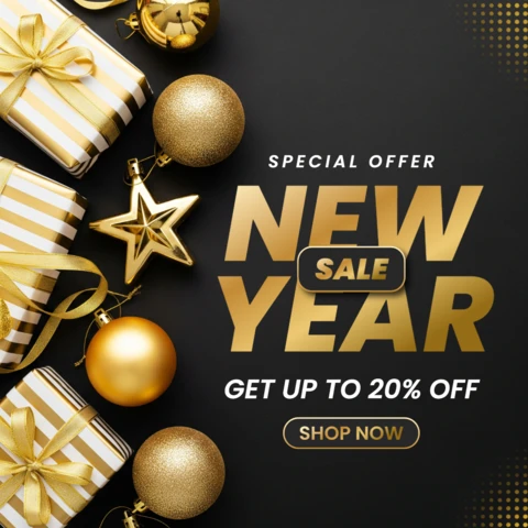 New Year Discount Poster 2026 Special Offer with White-Gold Gift Boxes and Sparkling Typography