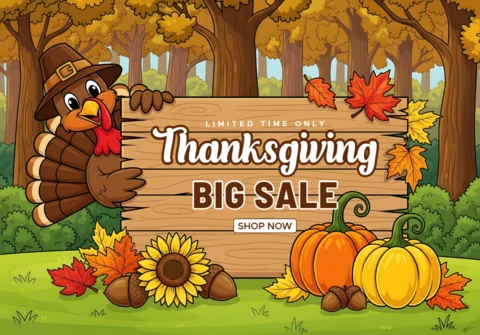 Escena de Acción de Gracias con hojas doradas y plantilla de diseño de banner de oferta promocional por tiempo limitado.