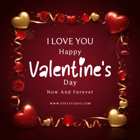 Happy Valentine’s Day Greeting Card Poster Rich Red Theme with Gold Confetti and Decorative Heart Elements