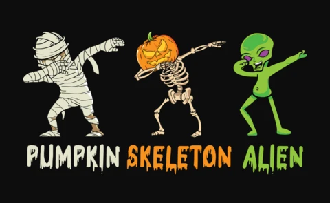 Pumpkin Skeleton Alien Halloween Dab T-Shirt Design Template