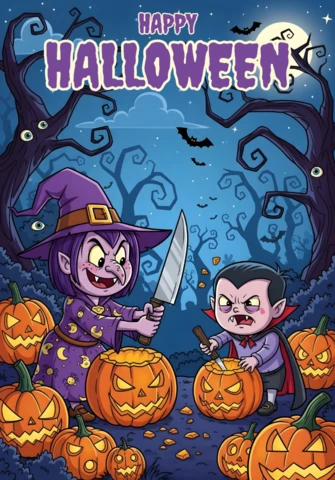 Affiche de fête d'Halloween forêt éclairée par la lune avec des personnages costumés, des chauves-souris volantes et des visages de citrouilles lumineux, modèle de design pour des flyers festifs