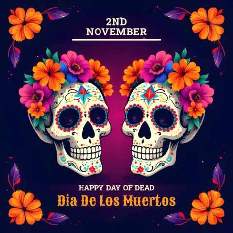 Colorful Dia De Los Muertos Skull Design Template for Posters and Greeting Cards