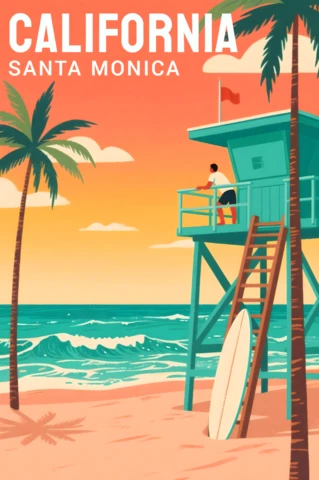 California Sunset Beach Scene Design for Retro Flat Posters Print