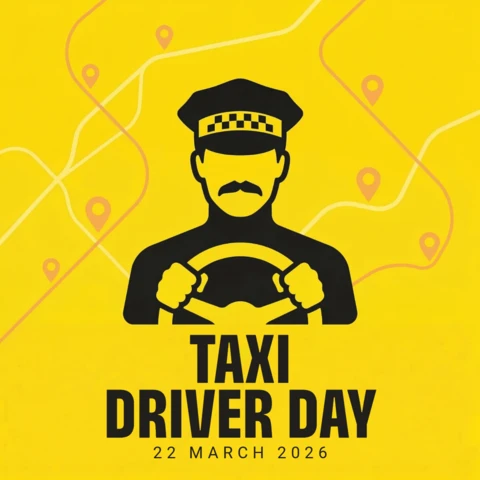 Taxi Driver Day Poster March 22 2026 with Driver Silhouette, Steering Wheel, and Bright Yellow Background Illustration