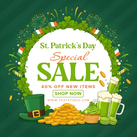 Saint Patrick’s Day Sale Banner Poster Design Template with Shamrocks, Beer Mug, Cupcake, and Festive Circular Frame