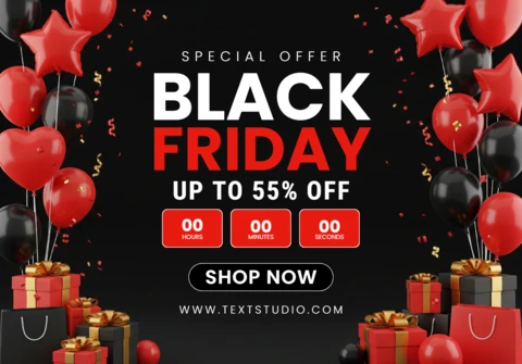 Conception élégante de vente du Black Friday avec des cadeaux en ruban rouge et une bannière de compte à rebours entourée de ballons, modèle pour flyers promotionnels.