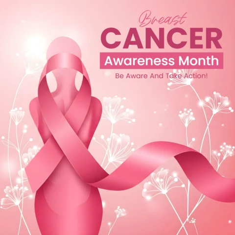 Be Aware and Take Action Breast Cancer Awareness Poster with Ribbon Woman Banner Design Template