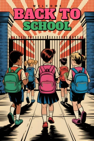 Estudantes voltando às aulas caminhando em direção ao portão de ferro da escola com caminho de tijolos e modelo de pôster de explosão de quadrinhos.