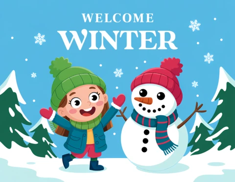 Winterwonderland ontwerp sjabloon voor wenskaarten met een sneeuwpop en een blije kind