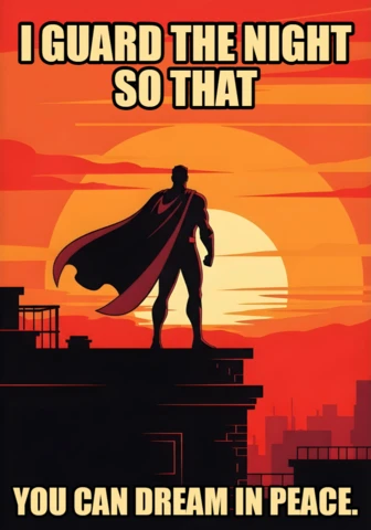 Plantilla de diseño de póster de silueta de superhéroe guardián en el tejado con atardecer y cita pacífica.