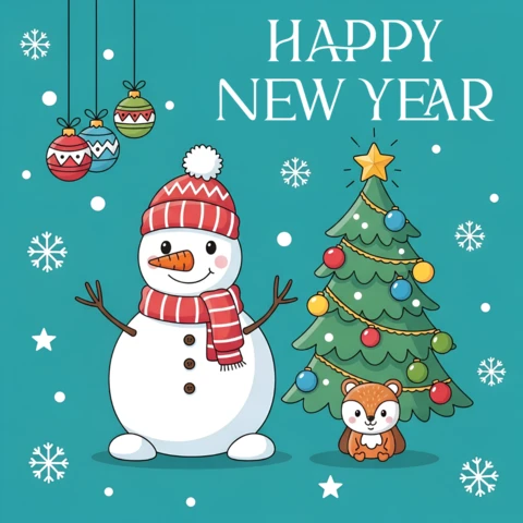 Plantilla de diseño de muñeco de nieve festivo y árbol de Navidad para tarjetas de felicitación de Año Nuevo