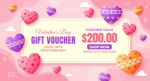 Plantilla de diseño de vale de regalo para el Día de San Valentín con corazones decorativos, flores y un fondo rosa festivo para promociones románticas.