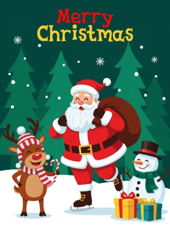 Santa, Snowman, and Reindeer in Forest with Gift Boxes and Christmas Cheer Poster Design Template